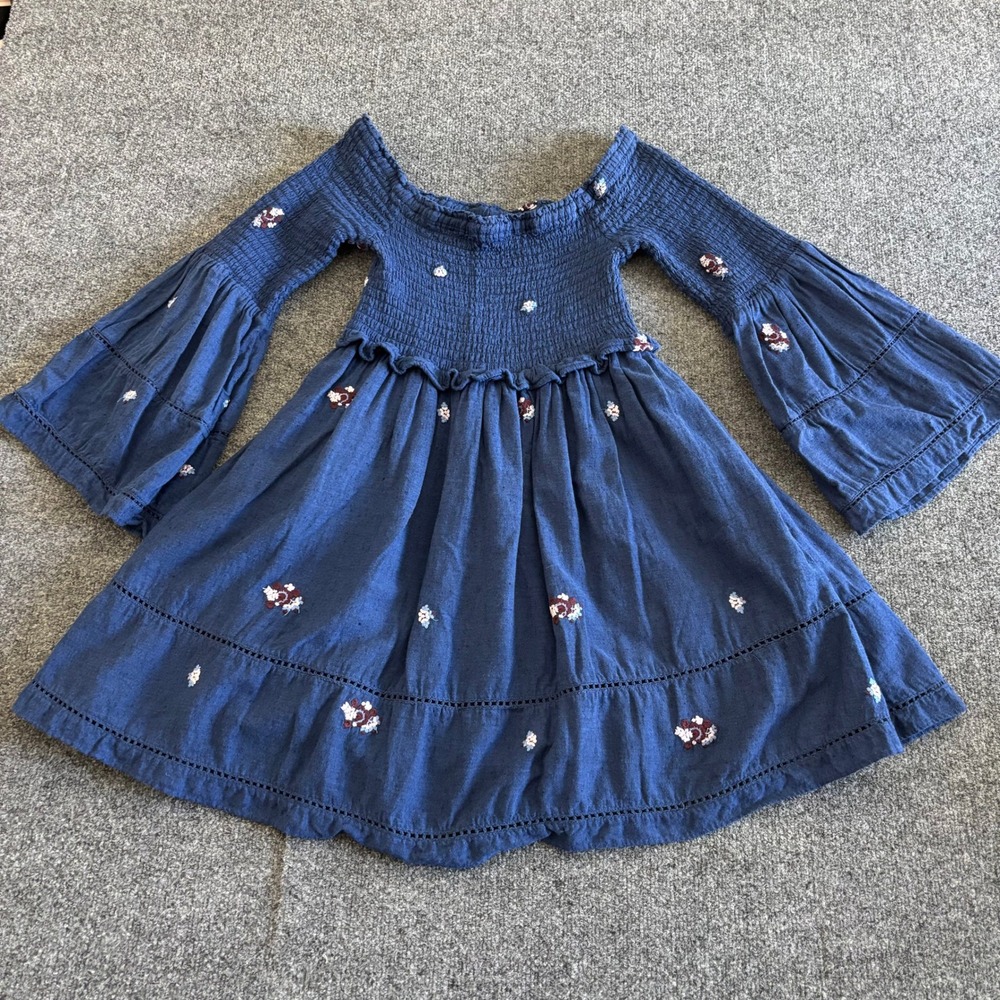 Free People Blue Embroidered Smocked Off Shoulder Bell Sleeve Mini Dress S